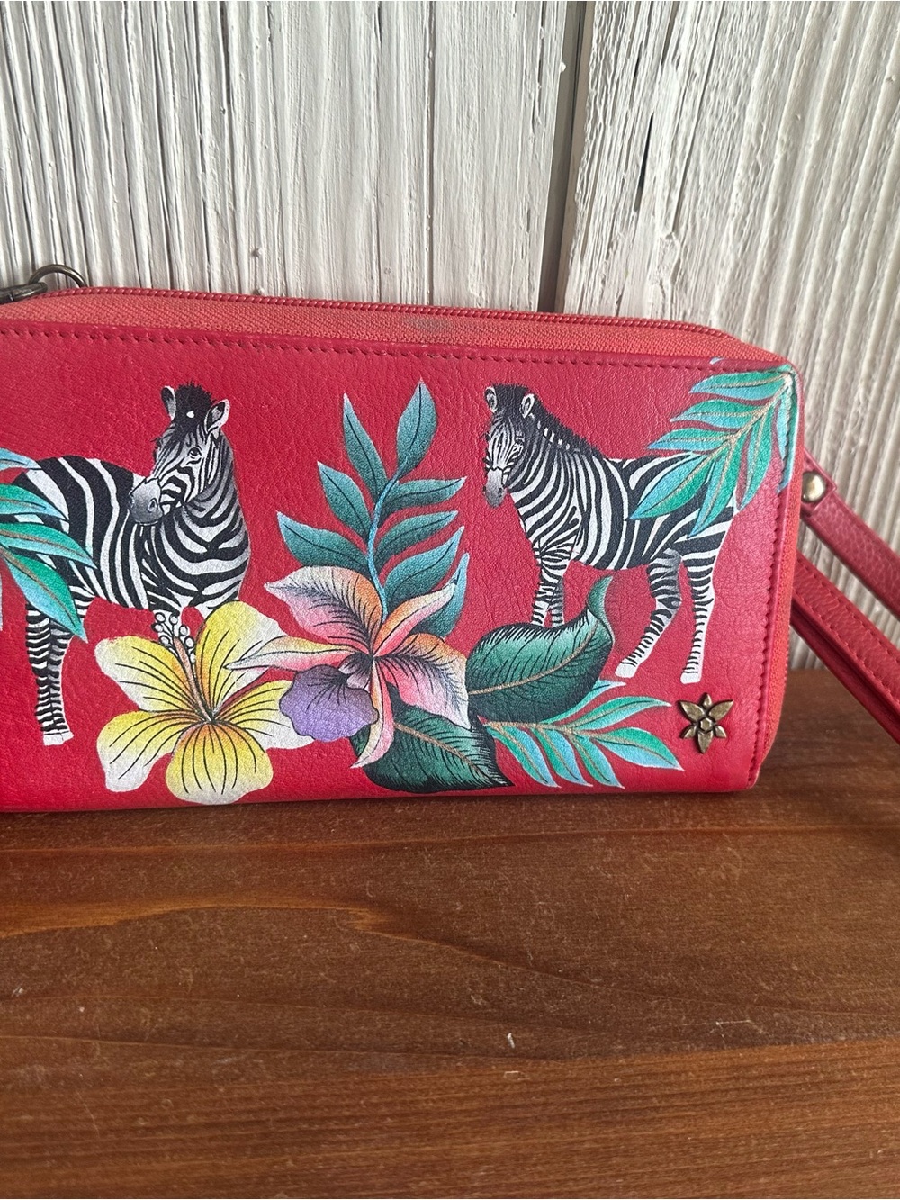 Anuschka Hand Painted Red Zebra & Tropical Floral Crossbody Wristlet Bag - Picture 13 of 16